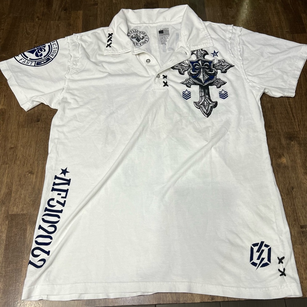 Affliction White and Black Graphic Polo Shirt